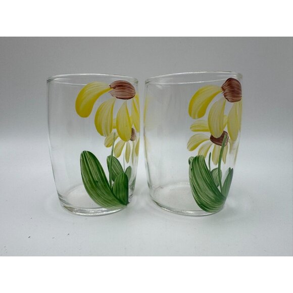 2 Bartlett Collins Gay Fad Handpainted Juice glases Daisies Yellow Brown - Picture 2 of 5